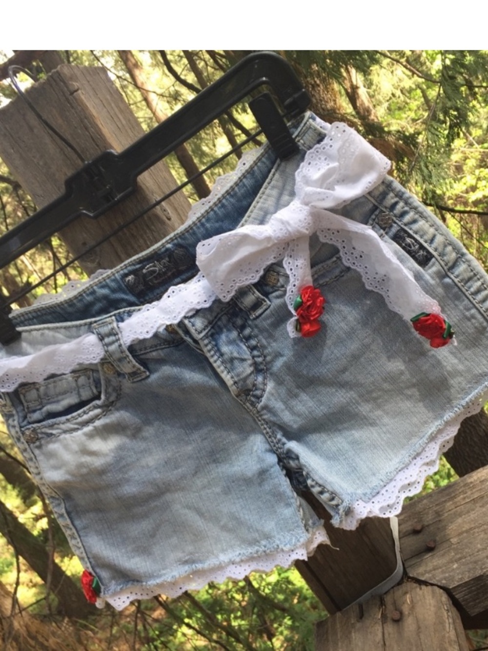 Hand Crafted Light Blue Denim Jean Shorts with White Lace & Red Rose Accents